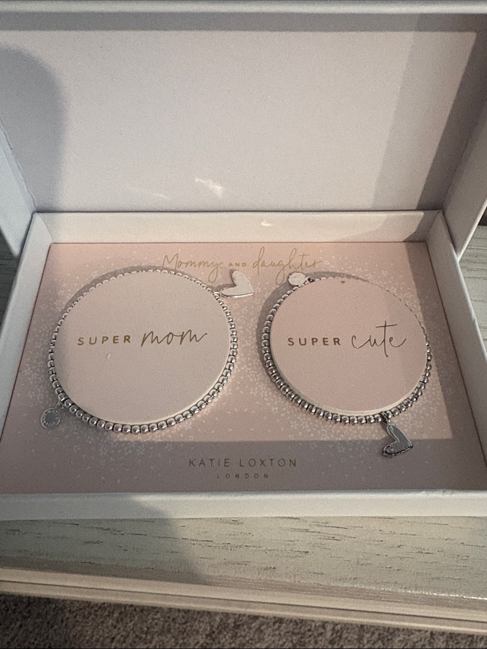 Katie Loxton Silver 'Super Mom' & 'Super Cute' Bracelet Set - Pink
